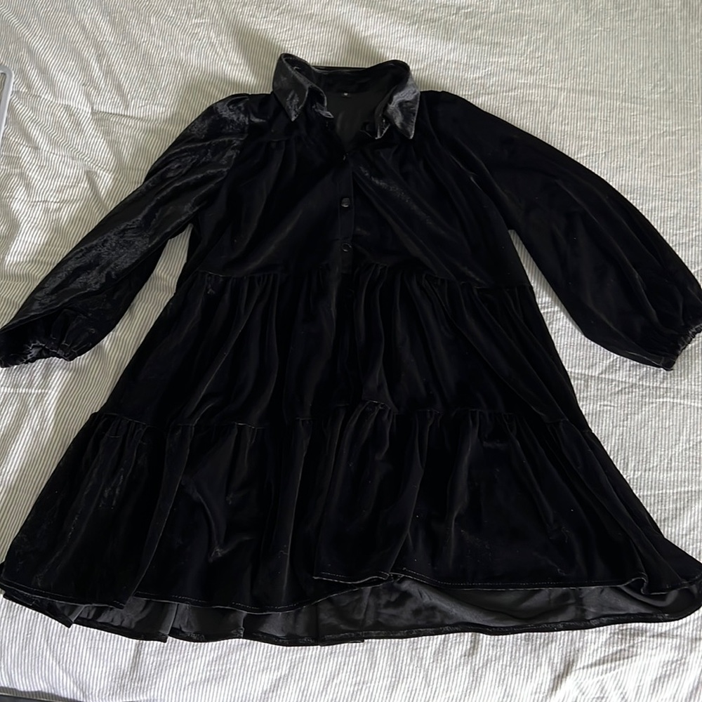 Tiered, short, black, velvet dress. Size medium. Forgot brand.